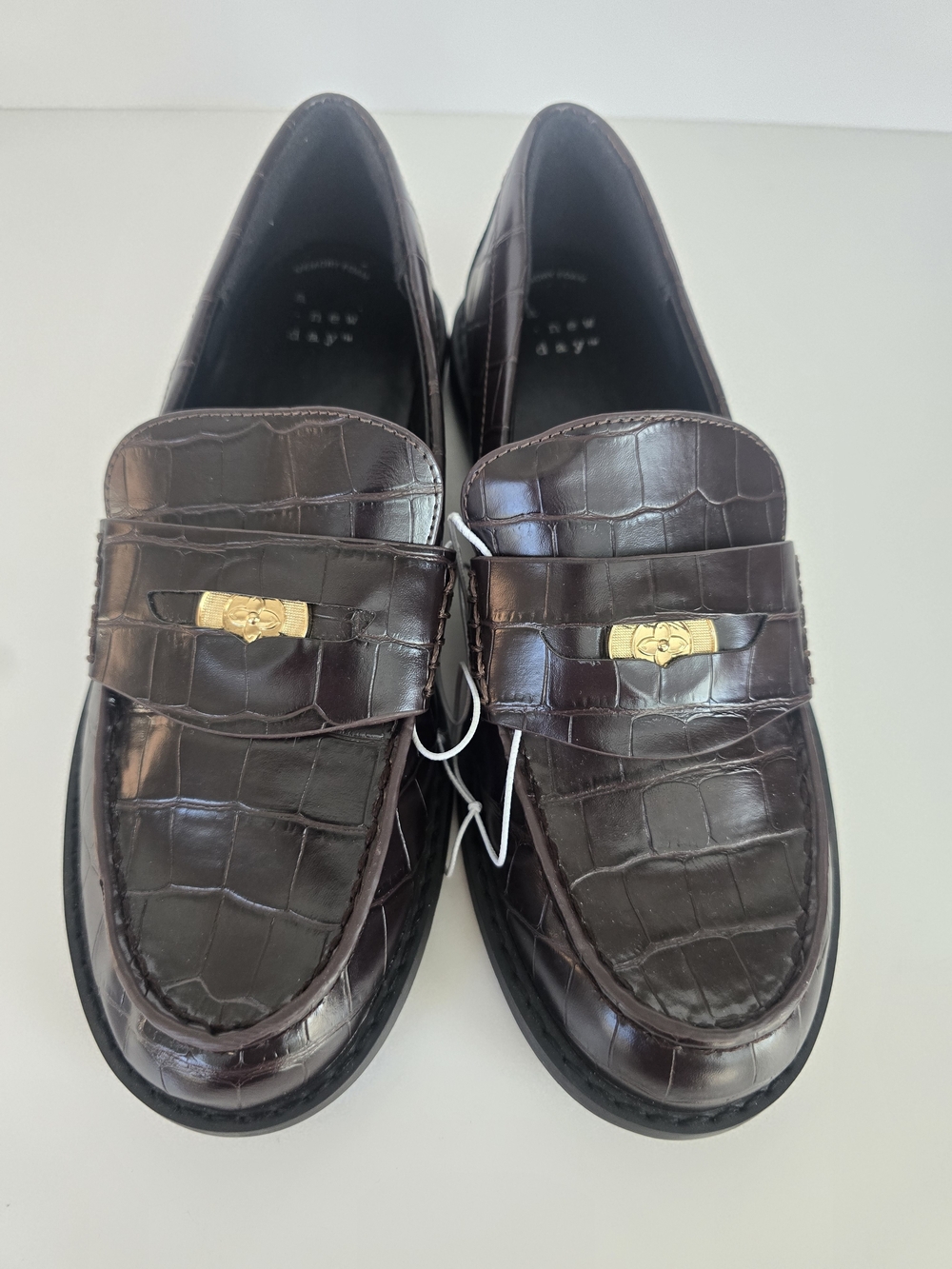 a new day Women's Dark Brown Croc-Embossed Loafers with Gold Accent